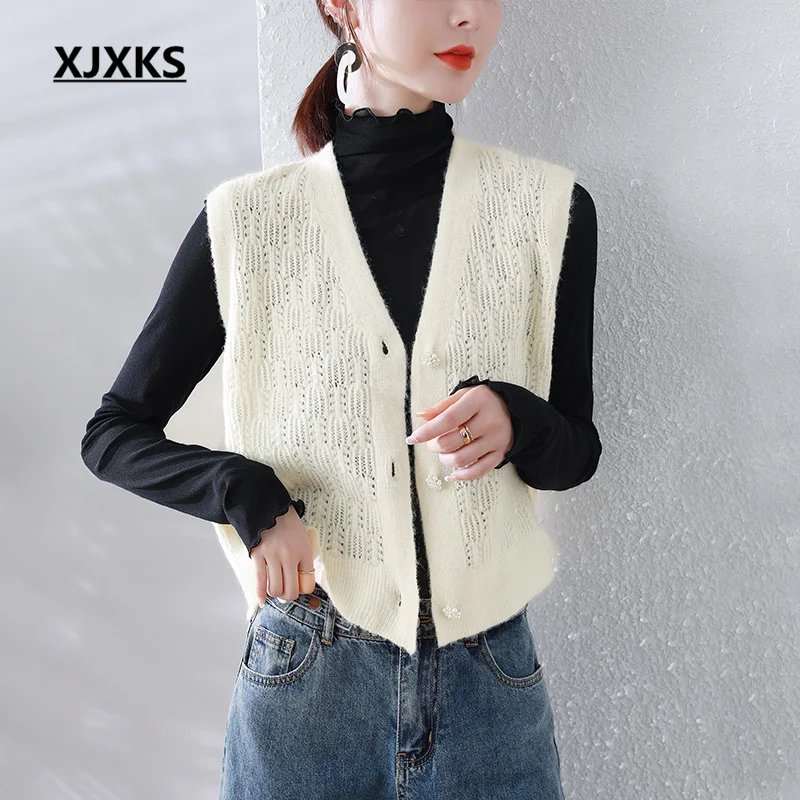 

XJXKS Fashion V-neck Hollow Vest 2022 Autumn Latest Single-breasted Sleeveless Top Comfortable Wool Knitted Chaleco Mujer