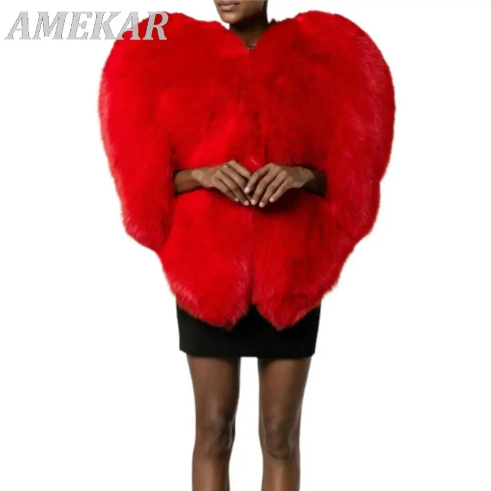 Women's New Winter Red Heart Pattern Real Fur Coat Personality Designer O Collar Sleeveless Exaggerated Ladies Coat Fashion Tide