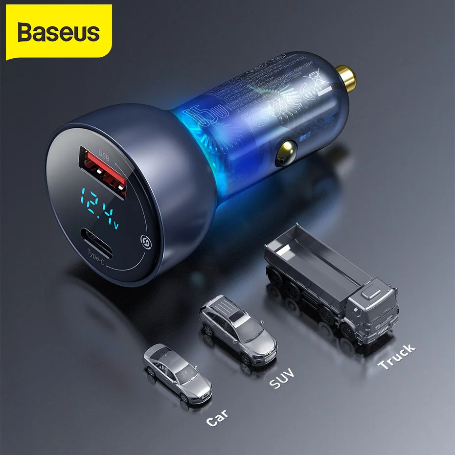 

Baseus 65W Car Charger QC+PPS Dual Quick Charger Type C Fast Charging For Mobile Phone Tablet Laptop Charge Auto Charger Adapter