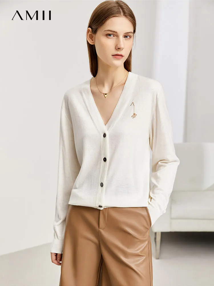 

Amii Minimalism Winter Cardigan For Women Casual Vneck Women's Knitted Tops Embroidery Slim Sweater Female Clothes 12170524