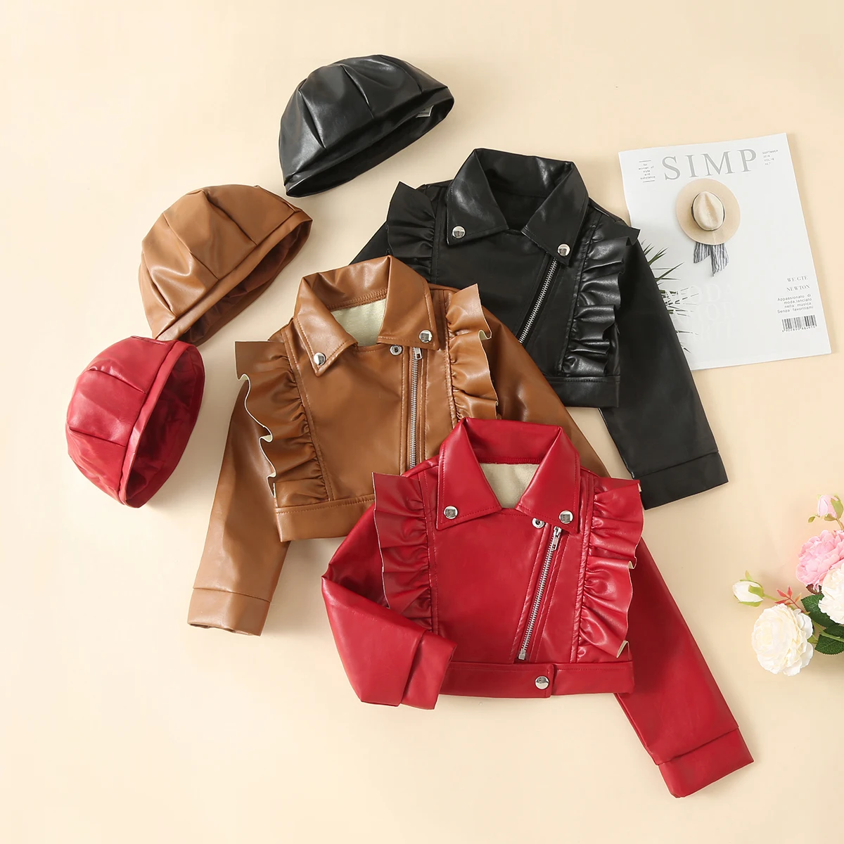 hibobi Toddler Solid Color Lapel Leather & Hat Baby Girl  Spring Autumn Winter PU Coat Fashion Leather Jackets For Kid 1-6Y