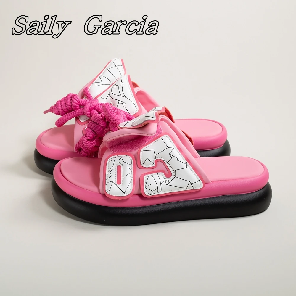 Шлепанцы женские из натуральной кожи на толстой подошве шнуровка круглый носок