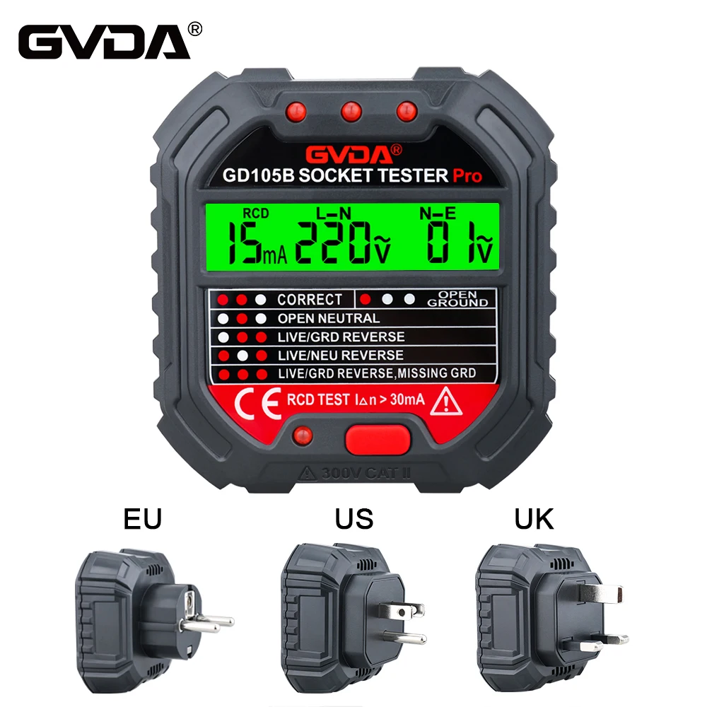 GVDA Socket Tester Outlet Detector interruttori automatici Finders Ground Zero Line US UK EU Plug strumenti di controllo della fase di polarità