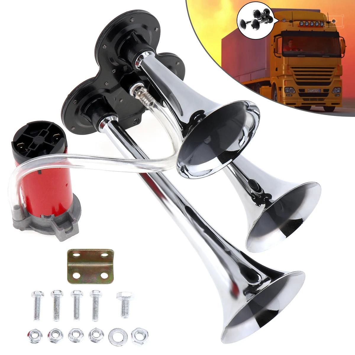 

12V 24V 110-135dB Super Loud Triple Tones Air Horn Set 3 Trumpets Compressor Bocina for Motorcycle Car Boat Truck Ship