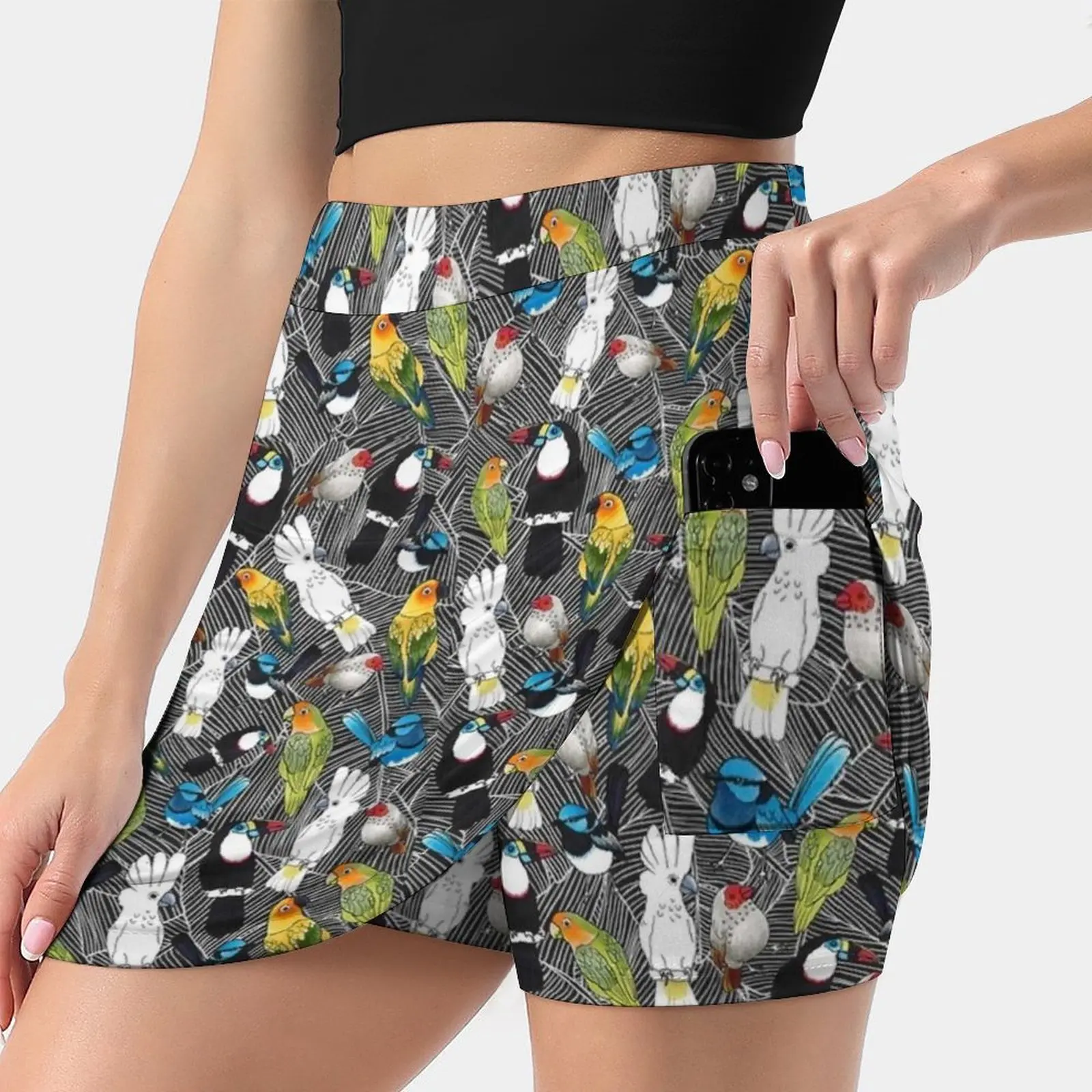 

Женская мини-юбка с карманами, трапециевидная юбка с птицами и попугаями