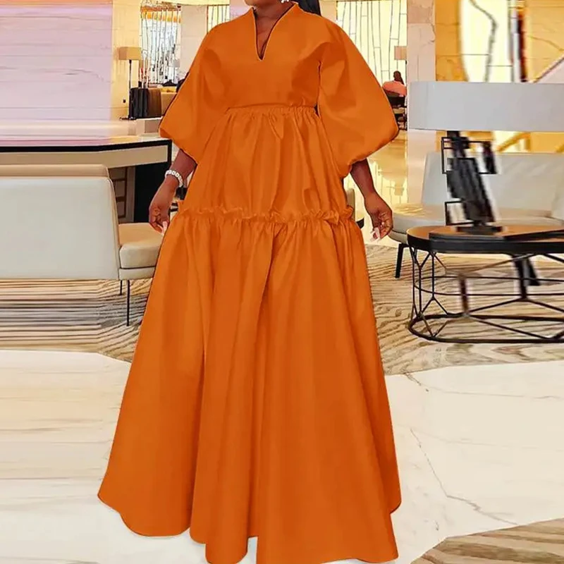 

2023 Women High Waist Pleated Robe Dress Vintage Solid Loose Ruffle Long Dress Sexy V-neck Short Sleeve Commuter Dress Vestidos