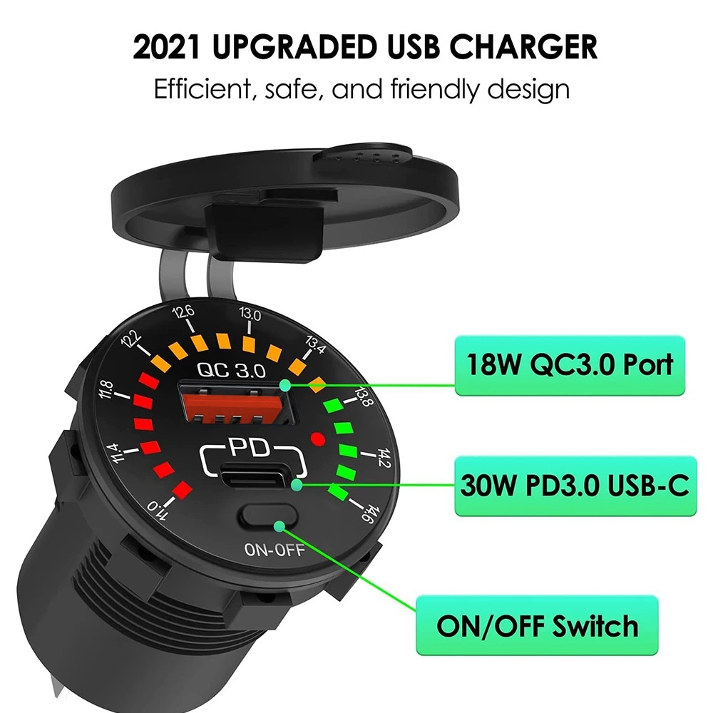 QC 3.0 18W Dual USB Car Charger 12V 24V Waterproof USB PD Outlet Fast Charge with LED Voltmeter ON OFF Switch For Car Motorcycle