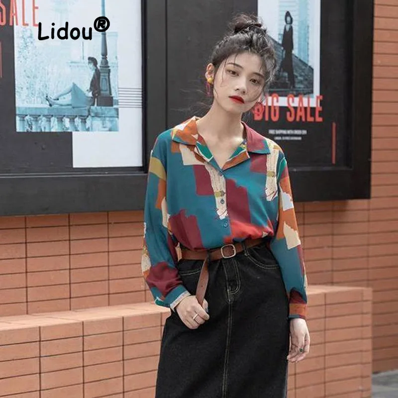 

Vintage Hong Kong Breeze Blouse Women Summer Autumn Long Sleeve Advanced Sense Printing Fashion Korean Office Lady Shirt 2023