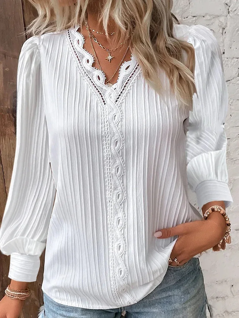 

Elegant Women's Autumn Long Sleeved V-neck Lace Patchwork Shirt 2023 Women's Fashionable White Loose Fitting Office Casual Shirt
