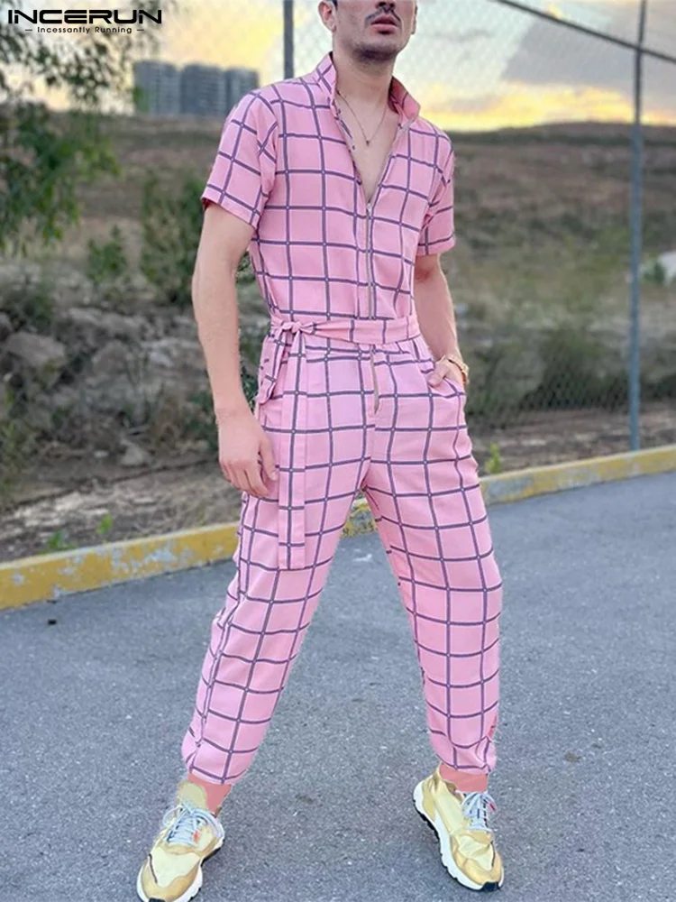 

INCERUN Men Jumpsuits Plaid Lapel Short Sleeve Streetwear Zipper 2022 Fashion Casual Rompers With Belt Summer Men Overalls S-5XL