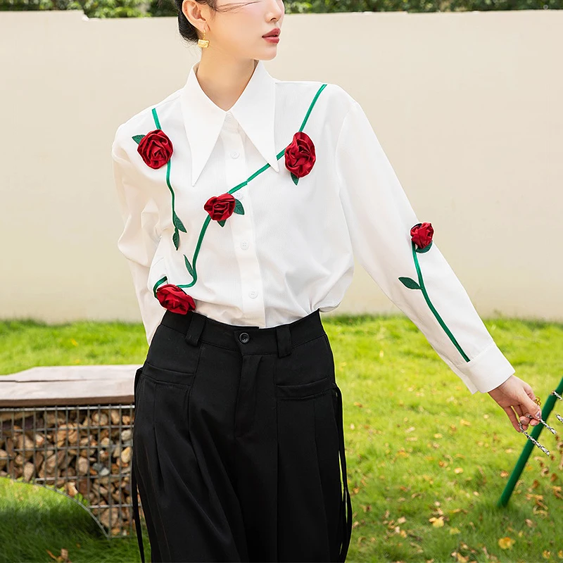 

High Fashion Woman Blouses 2023 Autumn Chic Rose Appliques Long Sleeve White Shirts For Women Blouse Female Clothing SL237