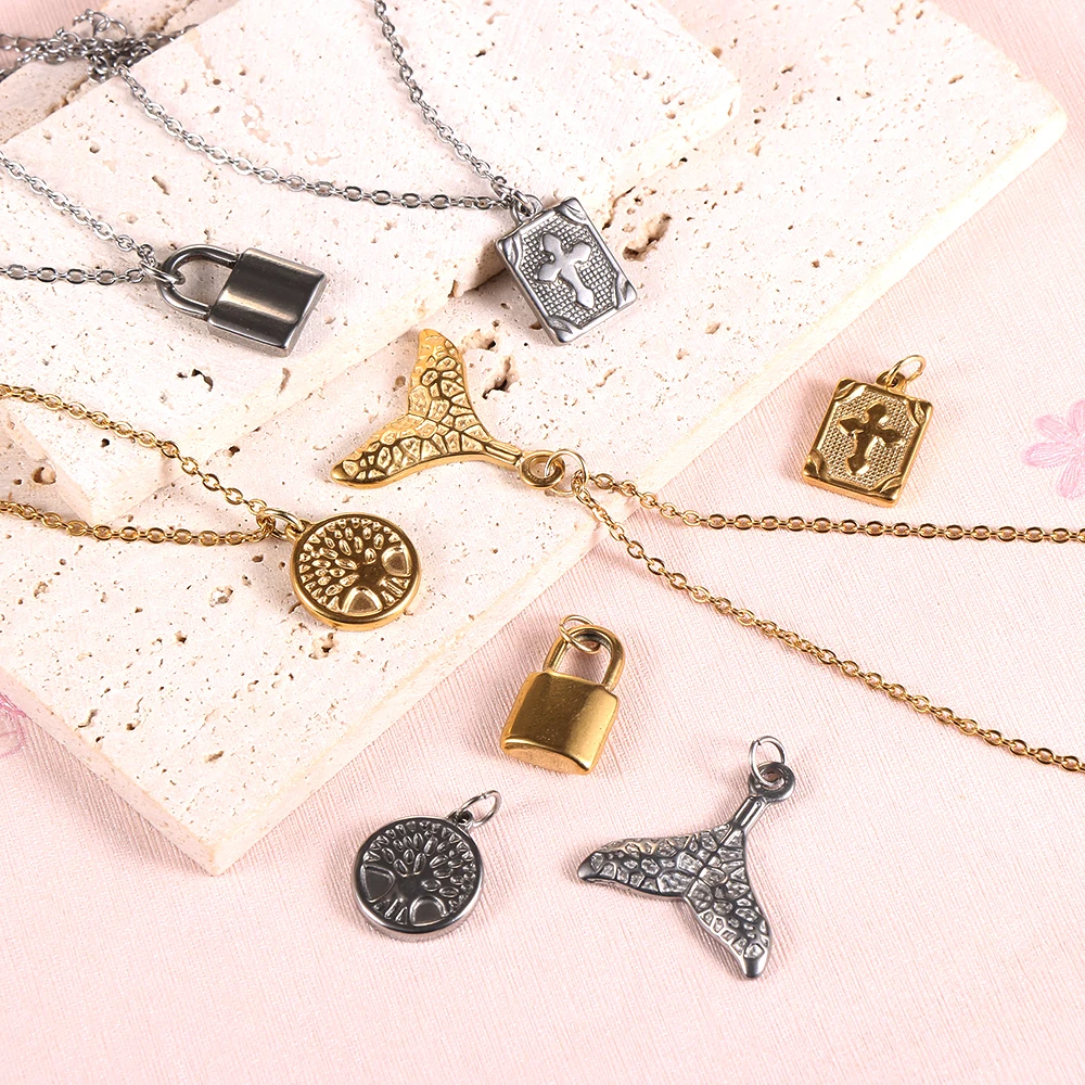

Couple Gold Silver Stainless Steel Lock Tree of Life Cross Pendant Necklace for Women Men Gifts Jewelry