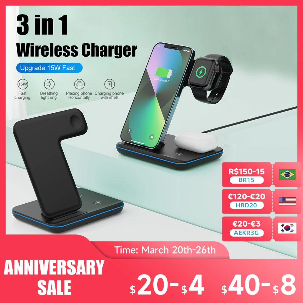 3 in 1 Wireless Charger Stand 15W Qi Fast Charging Dock Station for Apple Watch iWatch S8 AirPods Pro For iPhone 14 13 12 XS XR