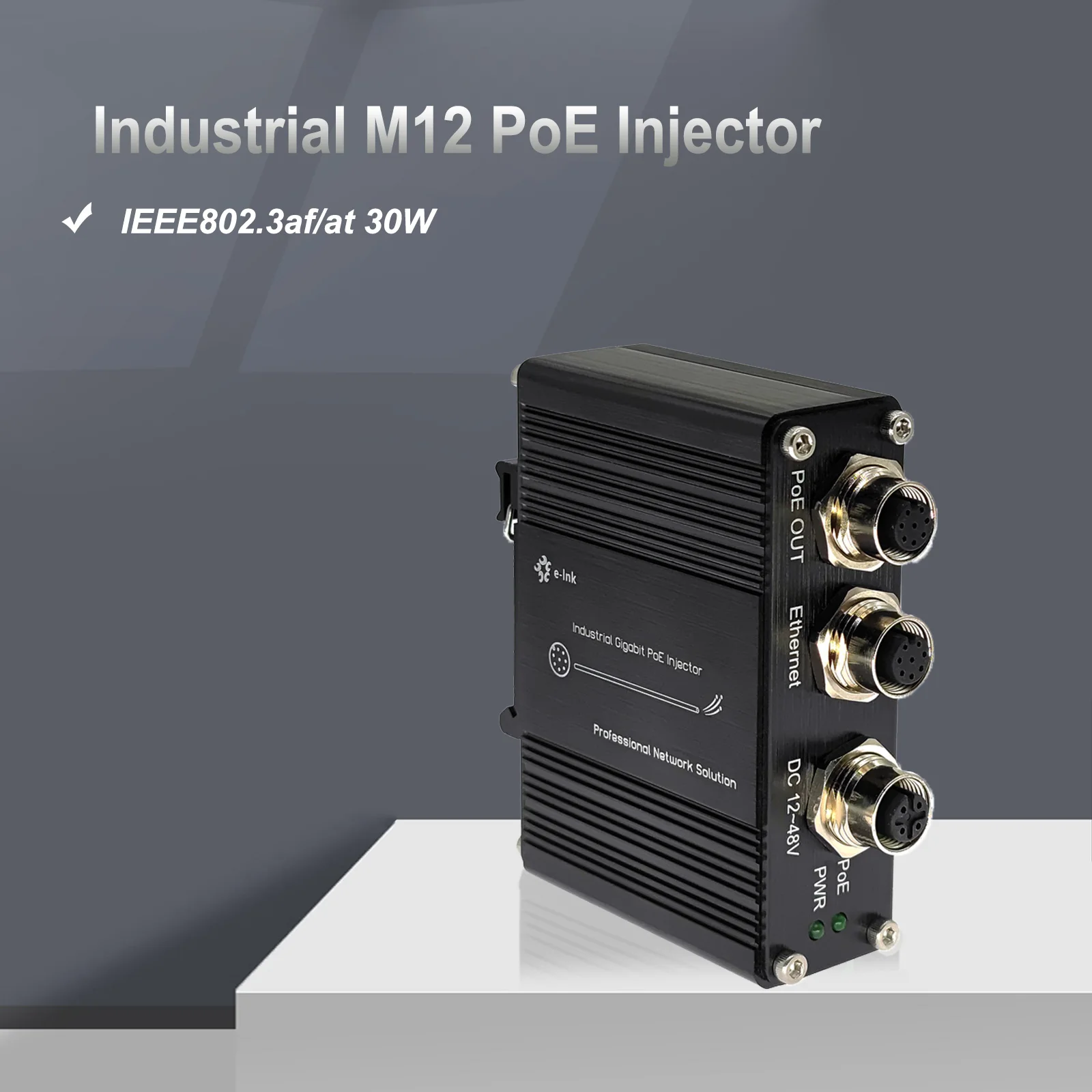 

Industrial M12 PoE Injector Gigabit Hardened PoE+ Adapter IEEE802.3af/at 30W 10/100/1000Mbps DIN Rail M12 A-Code 12-48V DC