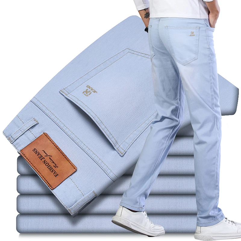 2022 Spring Summer New Men's Thin Light Blue Jeans Business Casual Stretch  Pants Denim Trousers Male Brand Clothing