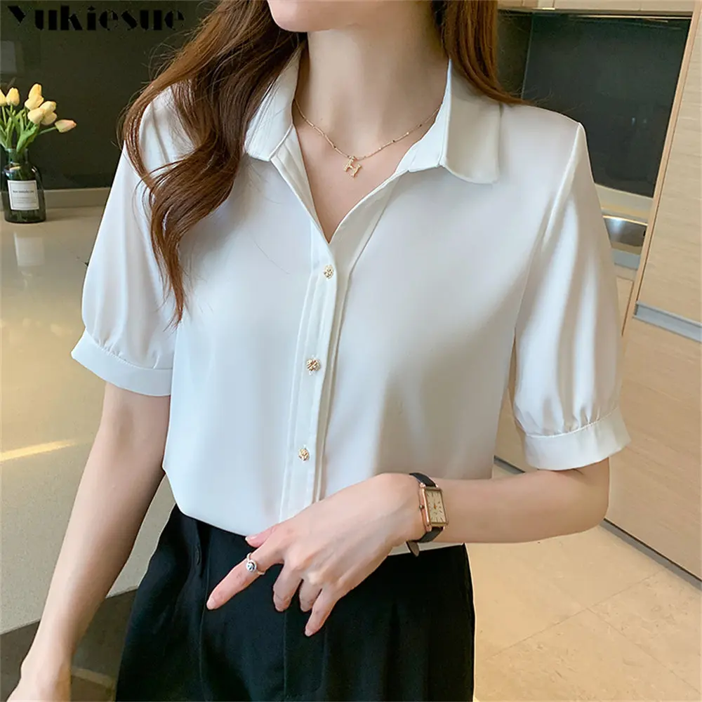 

New Summer Fashion Leisure Korean Style Square Collar Office Lady Elegant Harajuku Simple Short Sleeve Tops Women Chiffon Shirts