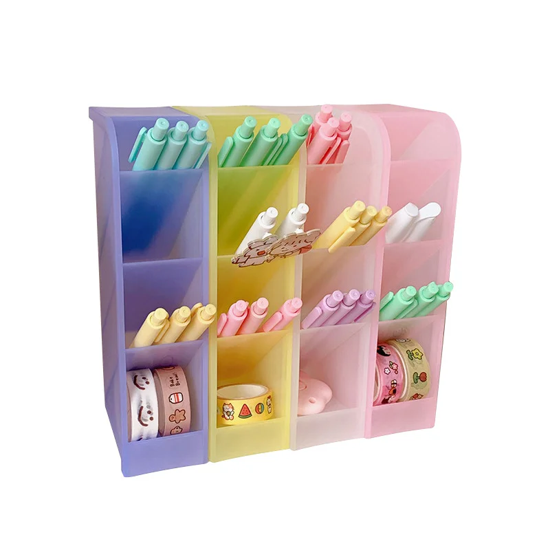 

Macaron Color Desktop Pen Holder Pencil Makeup Brush Storage Box 4 Grid Oblique Insertion Desktop Organizer School Stationery