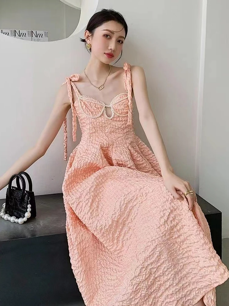 

Pearl Hollow Standing Cut Irregular Puffy Sling Dress Women 2022 New Sexy Slim Fit Lace Up Dress Tide