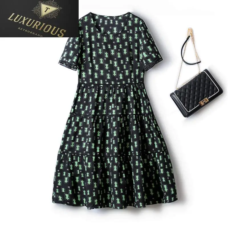 

Elegant Dresses For Women 2024 Summer New Retro Print Stitching Slim Mid-length Round Neck Chiffon Casual Dress Woman Vadim
