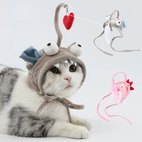 cat head feather tease cat stick hat creative funny big eye dinosaur fish cats self hi toy hat for accesories pet dropshipping