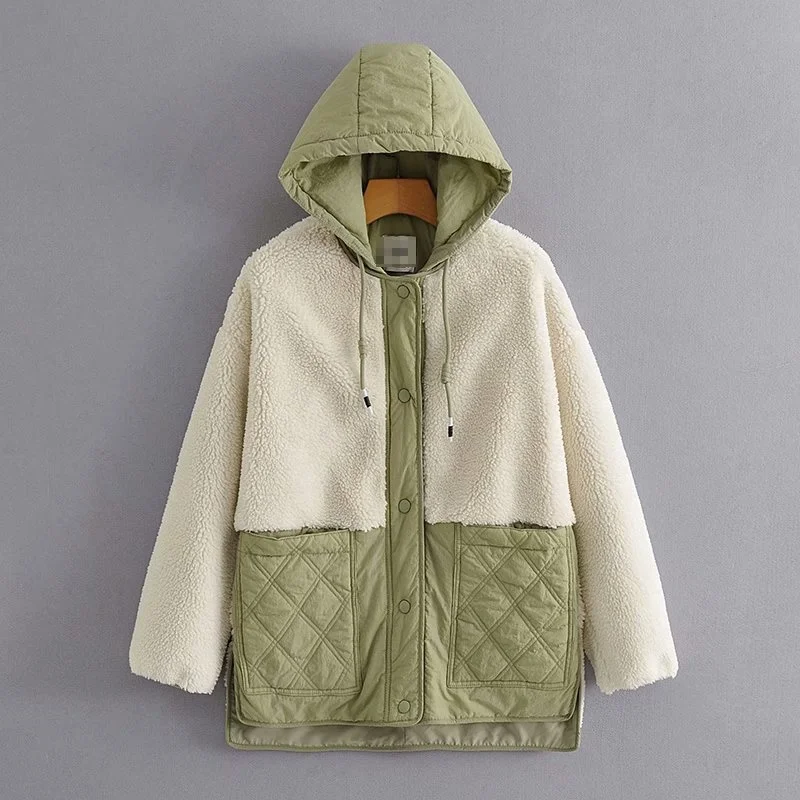Women Green Splicing Down Jackets Lambswool Fashion Baggy Coat Thickening Warm Female Puffer Cotton Padded Jacket Outwear Winter