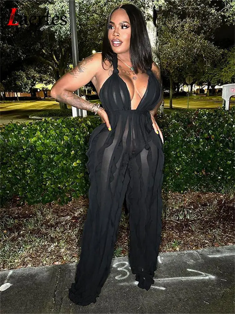 

Laertes Sleeveless Bandage Mesh Casual Jumpsuits Women Sexy V Neck Halter Neck Backless Romper Wave Pants Summer Beach Overalls