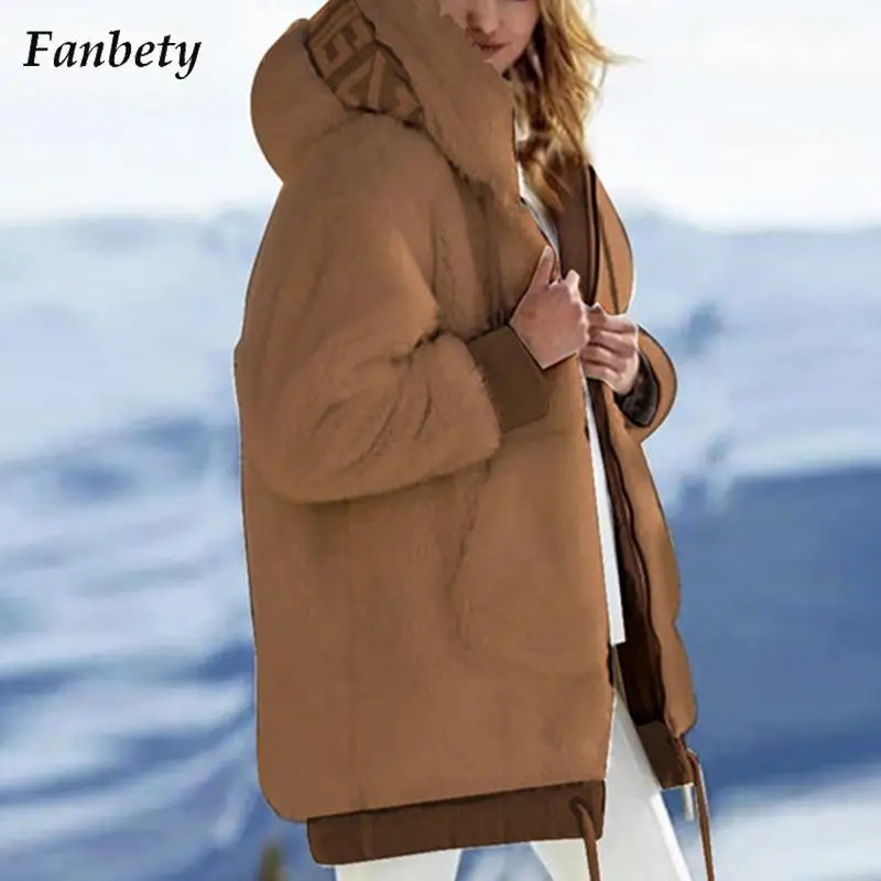 

Fashion Solid Hooded Thick Fleece Coat Women Vintage Long Sleeve Rabbit Hair Overcoats Ladies Casual Loose Plush Long Cardigan