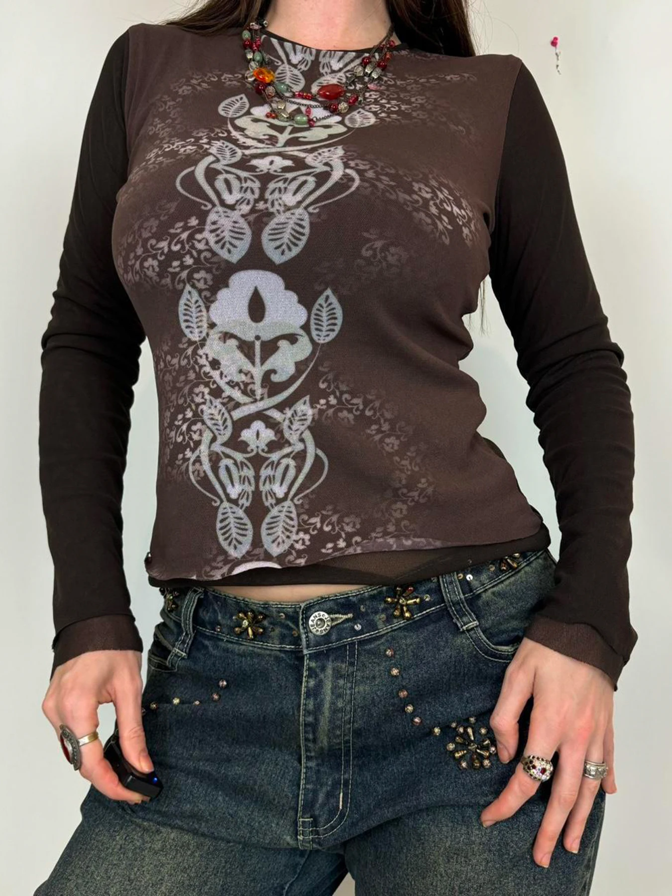 Rockmore винтажные сетчатые топы с принтом для женщин сексуальная прозрачная