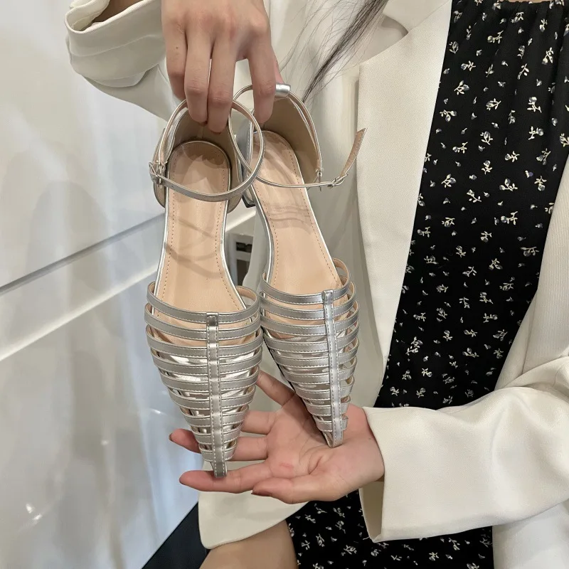 

Pointed Toe Women Sandals 2022 New Arrivals Party Pumps Flat Heeled Black Silver White Ankle Strap Dress Shoes Size 35-40