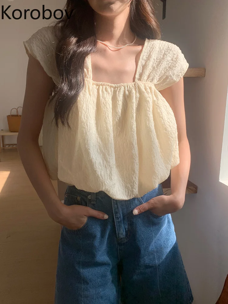

Женская рубашка с квадратным вырезом, однотонная блузка со складками и рукавами-фонариками, модель 2022 в Корейском стиле на лето