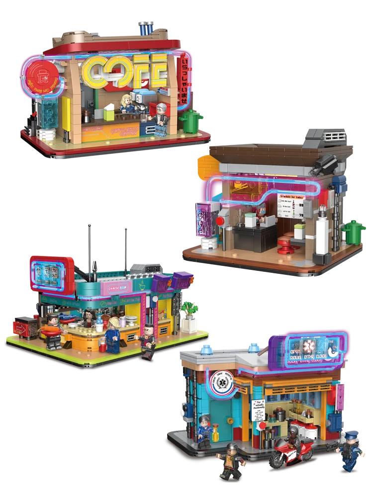 

Decool Legoii City Street Series Cyberpunk строительный блок Moc промышленная уличная сцена кофе с светильник кой Creative0001 3368B 3368C