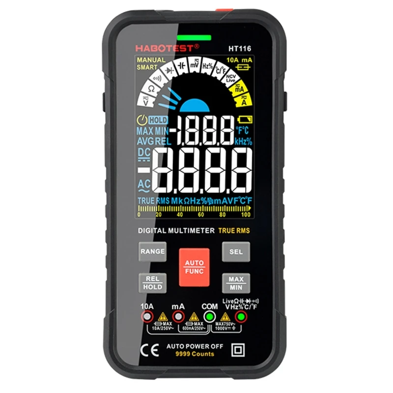 

Digital Multimeter TRMS 9999 Counts Color LCD Screen Auto-Ranging Tester Measures DC/AC Voltage Resistance Continuity