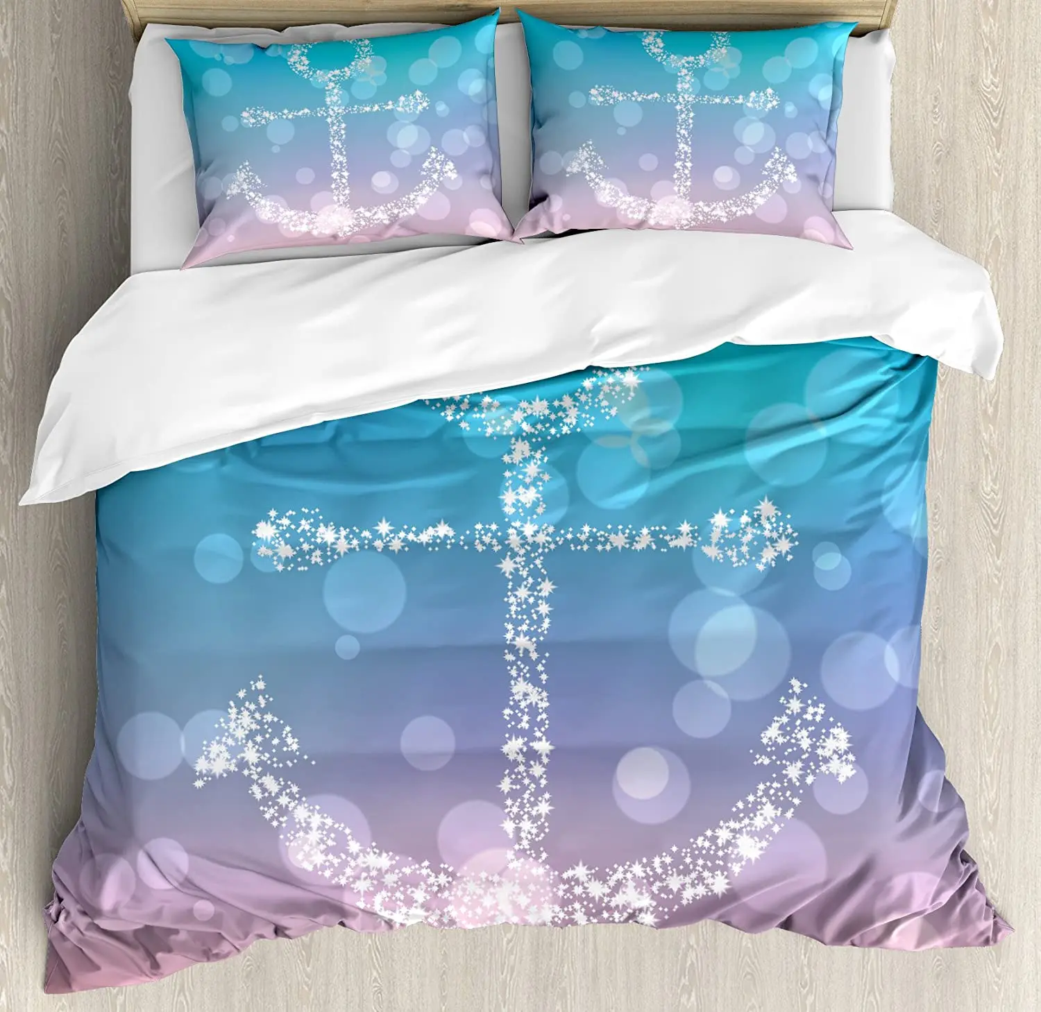 

Anchor Bed Duvet Cover Set Starry Fairy Anchor with Bubbles on Gradient Blurry Scenery Bokeh Marine Element Artprint Bedding Set