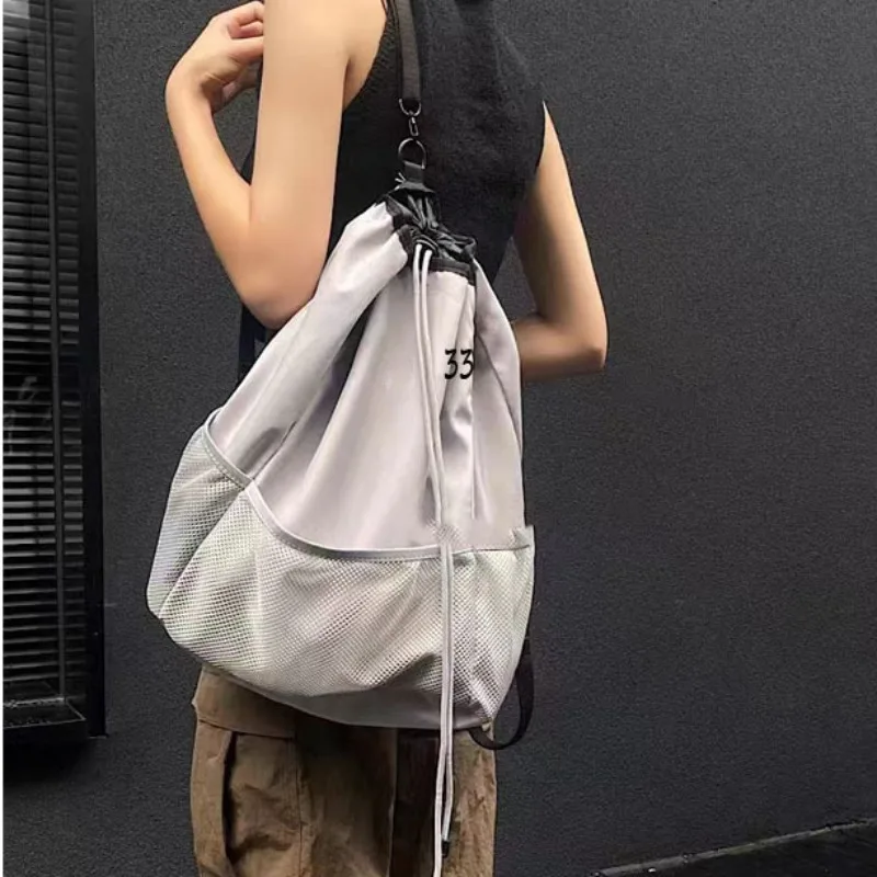 

Gray Nylon Lightweight Large Capacity Mesh Backpack Women Drawstring Strap Pocket Travel Backpack Schoolbags for Girls