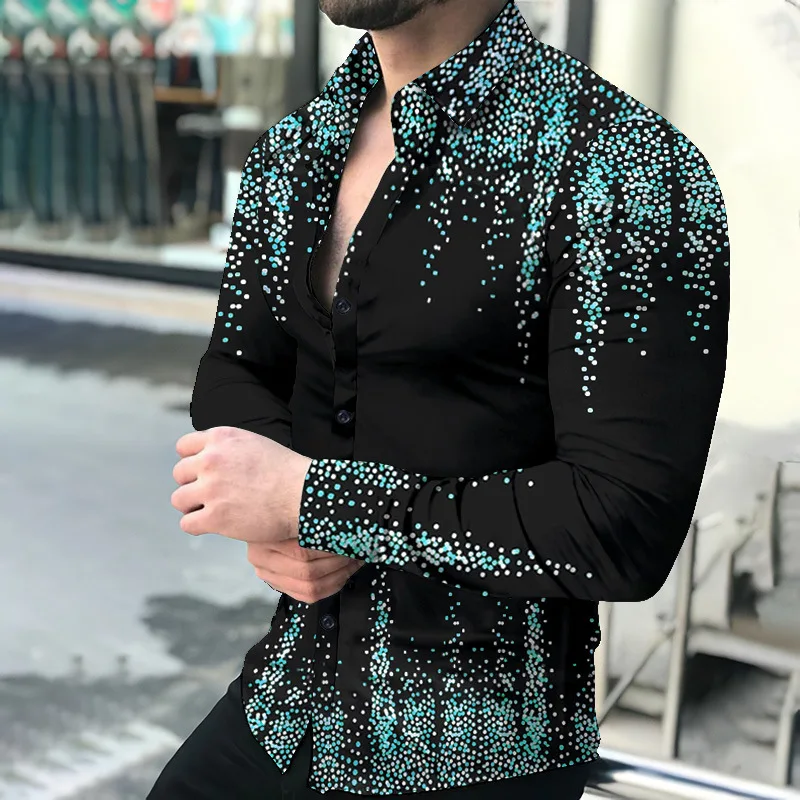 New Hot Sale Men's Long Sleeve Shirt Casual Gradient Polka Dot Print Shirt