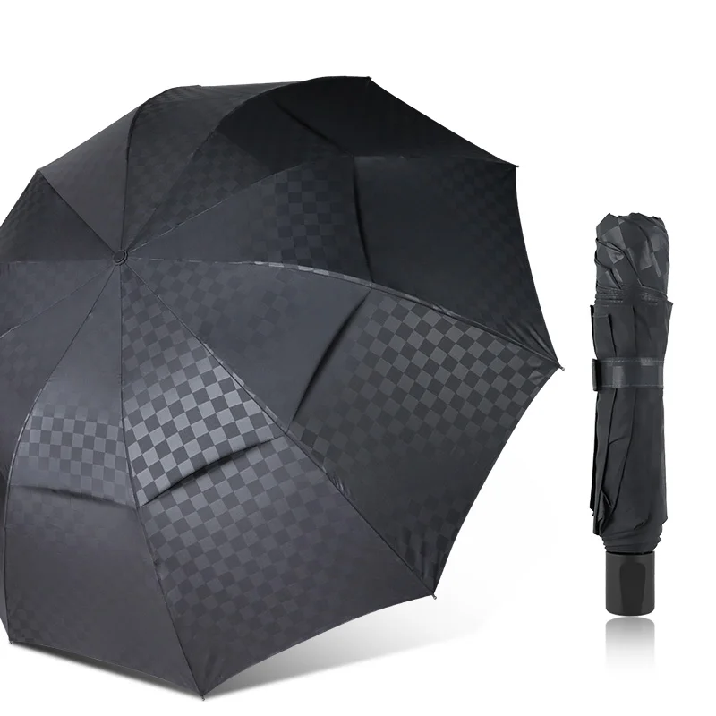 

Ветрозащитный 3 складной зонт от дождя для женщин и мужчин, двухслойные большие 10K деловые зонтики, мужские зонтики в темную сетку, зонтики д...