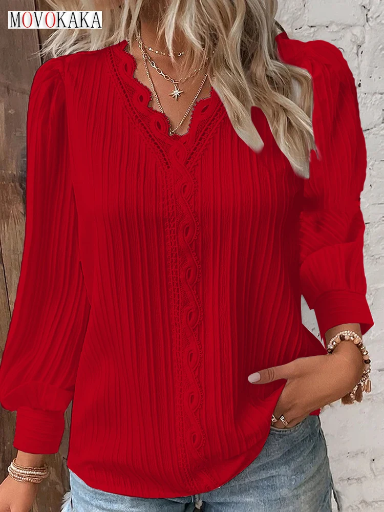 

MOVOKAKA Women Red Striped Women's Blouses Fashion Solid V-neck Casual Long Sleeve Tops Elegant Office Shirts Female Slim Blusas