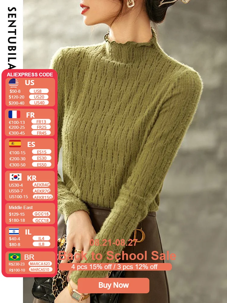 

Sentubila Half Turtleneck Lace T Shirt for Women 2023 Spring Autumn Vintage Straight Slim Long Sleeve Knitted Tops Base Shirts