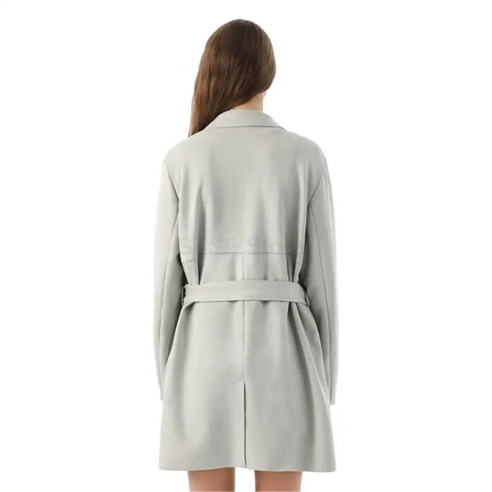 Women Winter Fashion Real Suede Long Duster double-breasted Lapel Pure Color Coat Real Suede Pocket Waist Belt Jacket