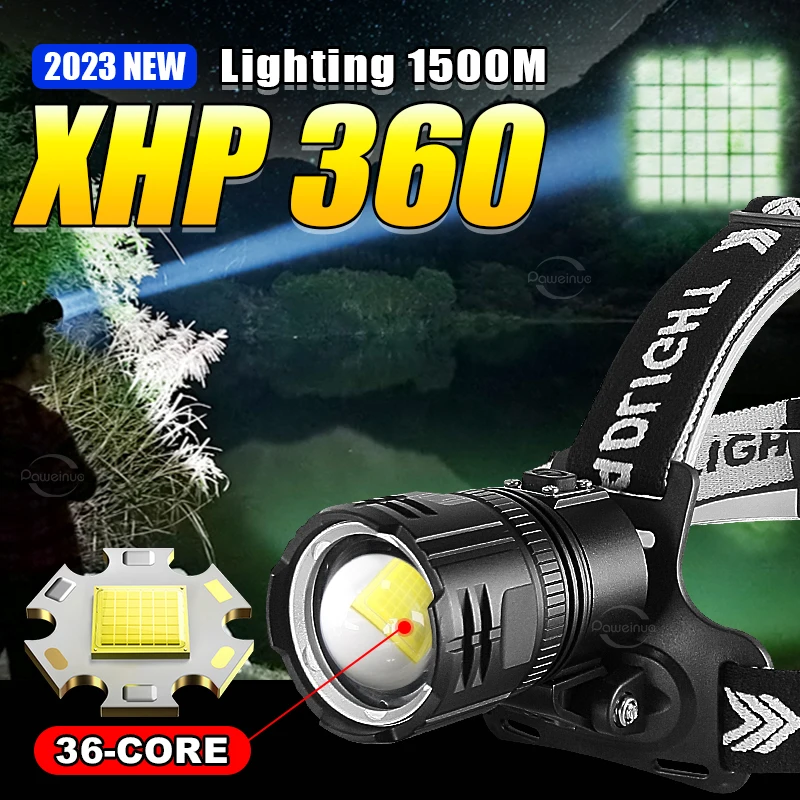 

XHP360 Head LED Light Powerful LED Headlamp 18650 Type-C Rechargeable Headlight 7800mAh head Lamp Fishing Camping Head Lantern