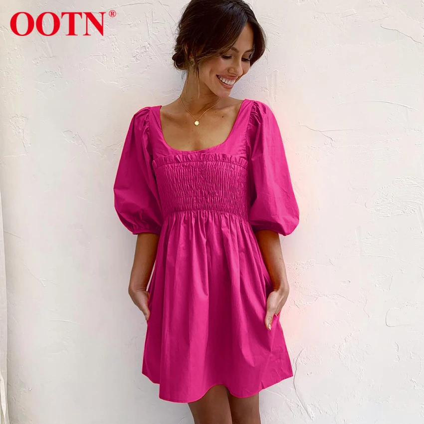 

Женское плиссированное платье OOTN, розовое, красное, с u-образным вырезом, летнее, с рукавами-фонариками, с высокой талией, праздничное, облега...