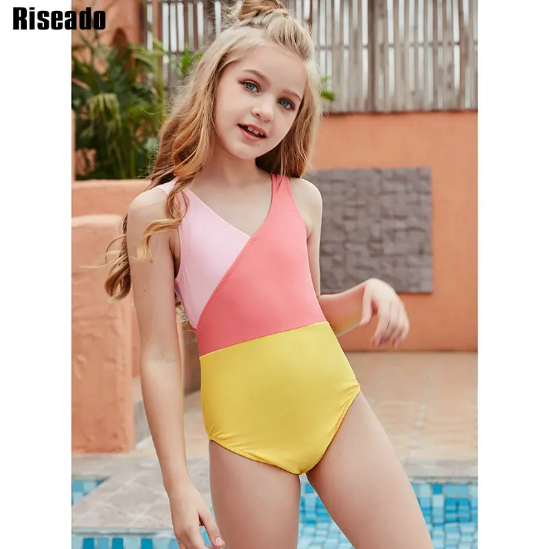 

Riseado, Цельный купальник с v-образным вырезом, детский купальник в стиле пэчворк, пляжная одежда для девочек, купальный костюм на бретелях, мил...