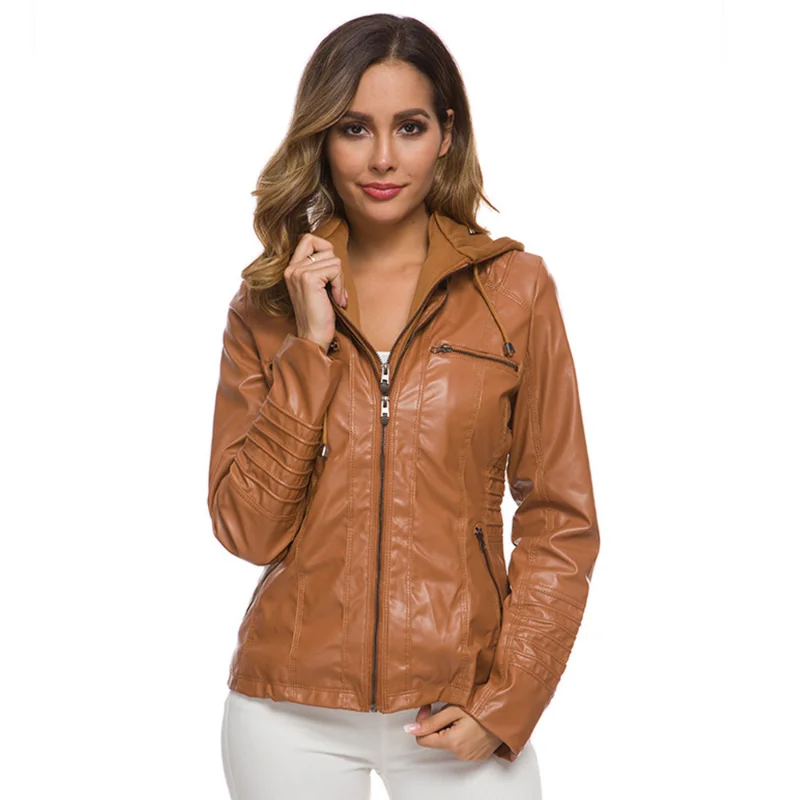 Women's Leather Jacket Jacket European and American Detachable Hood Zipper Long Sleeve Solid Color enlarge
