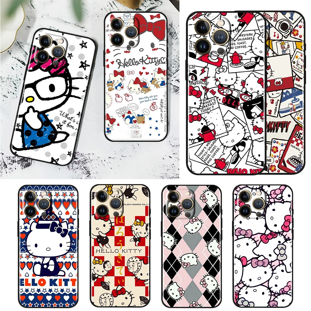 

Hello Kitty Cute Cartoon Case For Apple iPhone 14 13 12 11 Pro Max Mini XS Max X XR 7 8 Plus SE2020 TPU Black Phone Cover Coque