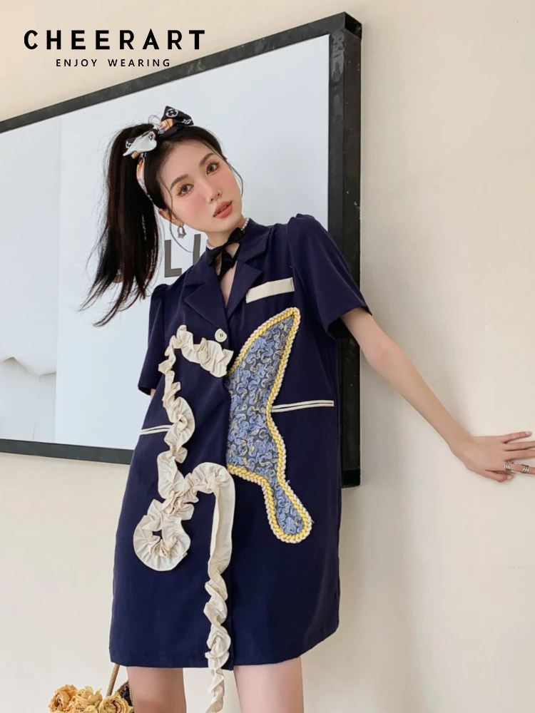 

Летнее платье-блейзер CHEERART Королевского синего цвета с пышными рукавами для женщин 2022 дизайнерское мини-платье-рубашка с коротким рукавом ...