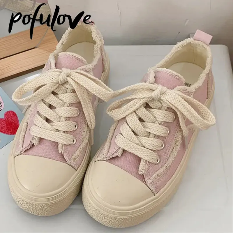 

Pofulove Pink Lace Up Canvas Shoes Women's Thick Sole Elevated Flat Heel Comfortable Casual Single Shoes Dropshipping Wholesale