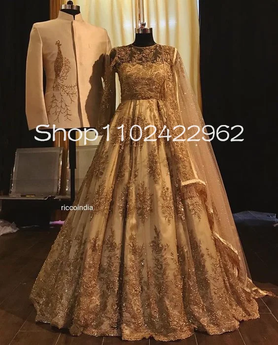 Индивидуальные темно-золотые индийские Lehenga мусульманские платья для выпускного