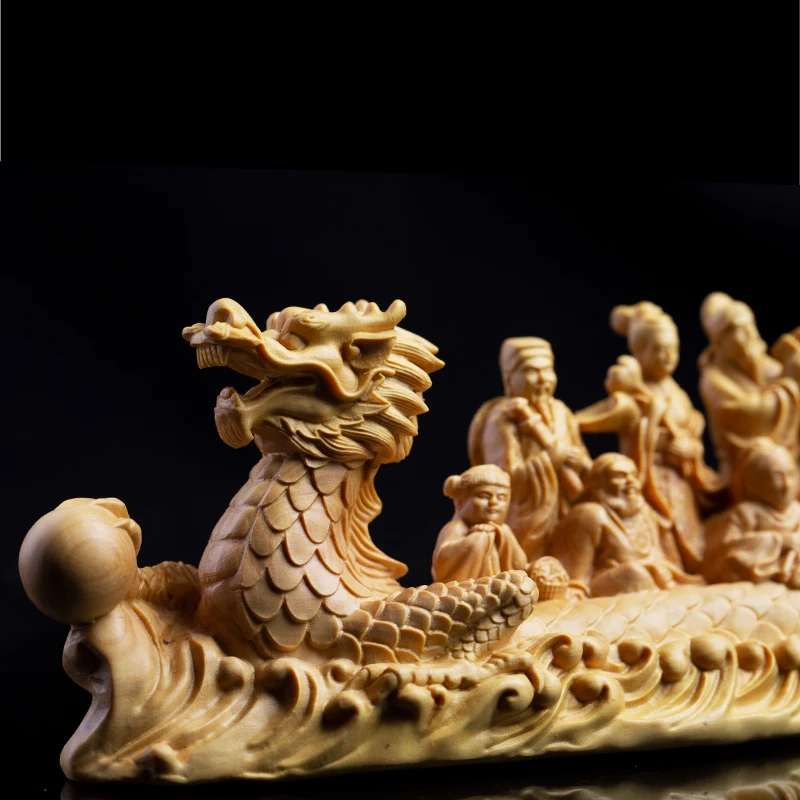 Самшит 21 см Восемь богов Дракон Лодка Скульптура Резьба по дереву Китайские