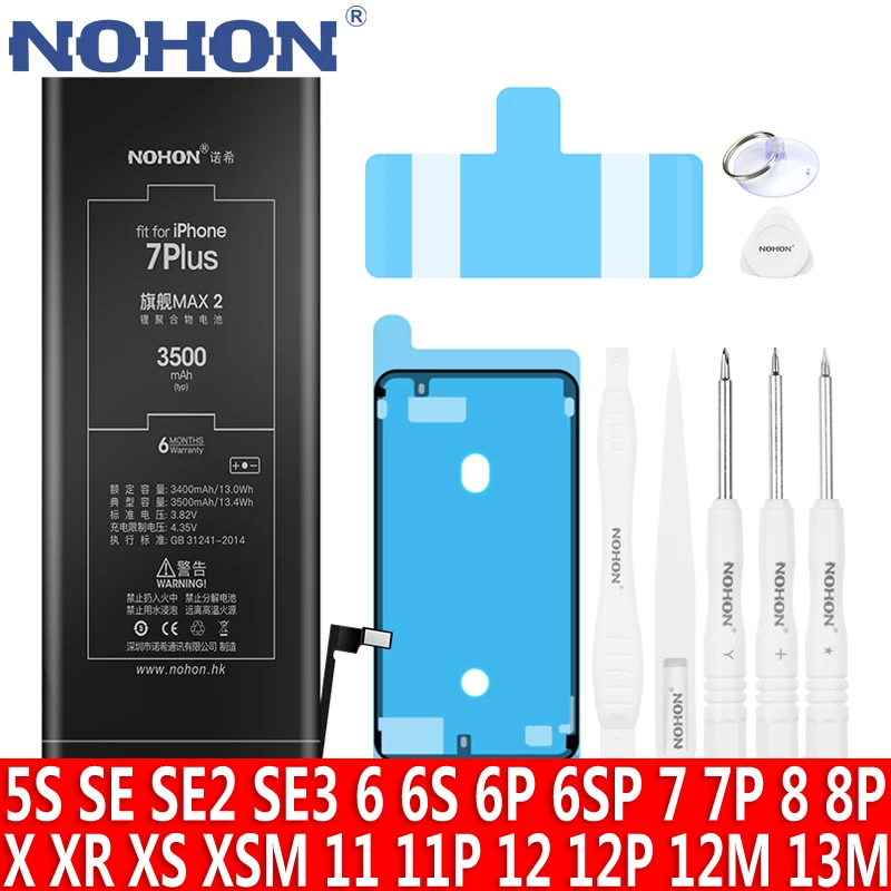 

NOHON Battery For Apple iPhone 7 8 Plus 11 Pro 12 Mini 13 X XR XS MAX 6 6S SE 5S 7Plus 8Plus Replacement Lithium Polymer Bateria