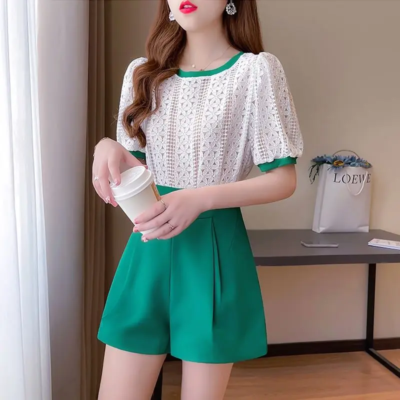 

Женский костюм из двух предметов, кружевная рубашка с круглым вырезом и свободные шорты с широкими штанинами, модель Y74 на лето, 2022